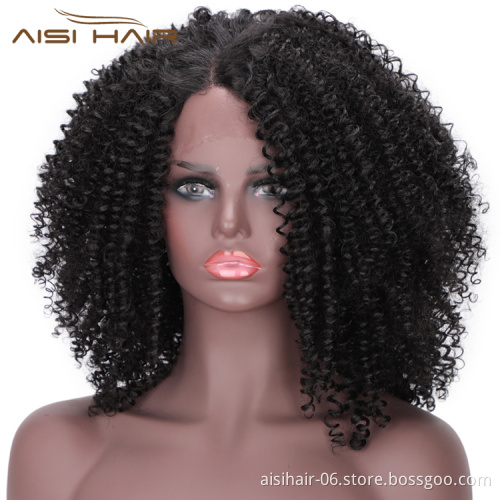 Aisi Hair Medium Long Afro Kinky Curly Wig Lace Frontal Natural Black Wig Synthetic Fluffy Lace Front Hair Wigs For Black Women